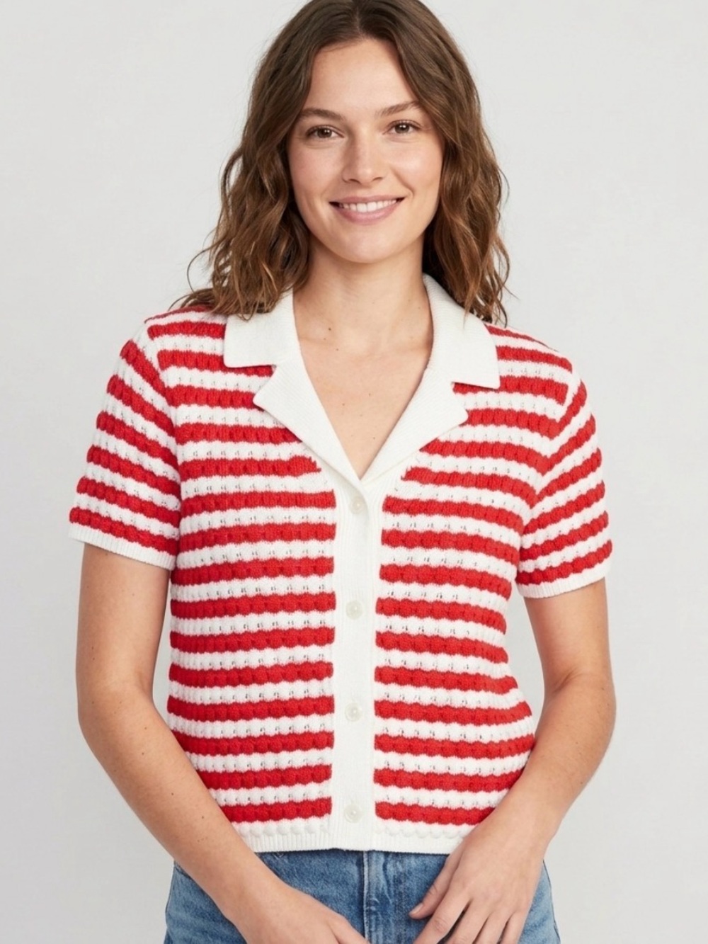 NWT Old Navy Striped Pointelle Knit Polo Cardigan L Short Sleeve Red White New